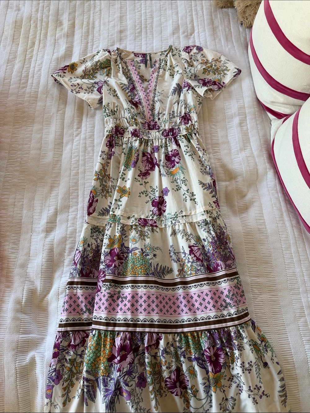 Anthropologie Floral Mix Midi Dress in Cream, Plum & Pink
